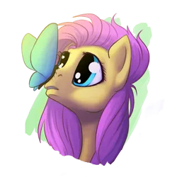 Size: 1500x1500 | Tagged: safe, artist:bel-assa, derpibooru import, fluttershy, butterfly, pony, bust, butterfly on nose, female, insect on nose, looking at something, mare, portrait, simple background, solo, three quarter view, transparent background