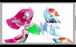 Size: 1280x800 | Tagged: artist needed, safe, derpibooru import, pinkie pie, rainbow dash, earth pony, pegasus, pony, fanfic:cupcakes, fanfic:rainbow factory, clothes, cupcake, cupcake pinkie, cutie mark dress, dress, fake wings, food, lab coat, pinkamena diane pie, rainbow cupcake, rainbow factory dash