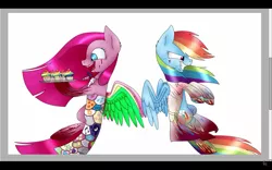 Size: 1280x800 | Tagged: semi-grimdark, derpibooru import, pinkie pie, rainbow dash, earth pony, pegasus, pony, fanfic:cupcakes, fanfic:rainbow factory, blood, cupcake, cupcake pinkie, cutie mark dress, fake wings, food, liquid rainbow, pinkamena diane pie, rainbow blood, rainbow cupcake, rainbow factory dash, spectra, speedpaint