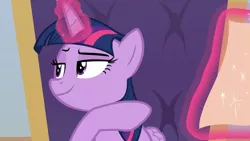 Size: 1280x720 | Tagged: safe, derpibooru import, screencap, twilight sparkle, twilight sparkle (alicorn), alicorn, pony, the beginning of the end, chair, glowing horn, horn, letter, magic, pointing, raised eyebrow, smiling, smirk, smuglight sparkle, solo, telekinesis