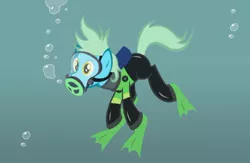 Size: 724x473 | Tagged: safe, artist:akira-devilman666, derpibooru import, oc, oc:sea glow, pony, air tank, bubble, drysuit, flipper, full face mask, scuba, scuba gear, solo, underwater