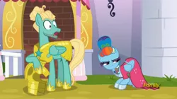 Size: 3826x2150 | Tagged: safe, derpibooru import, screencap, rainbow dash, zephyr breeze, pegasus, pony, sparkle's seven, alternate hairstyle, clothes, dress, female, male, mare, megara, megaradash, rainbow dash always dresses in style, rainbow dash is not amused, royal guard, royal guard zephyr breeze, stallion, unamused