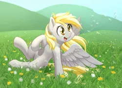 Size: 1600x1161 | Tagged: safe, artist:dstears, derpibooru import, derpy hooves, pegasus, pony, cute, dandelion, derpabetes, female, flower, grass, mare, scenery, solo