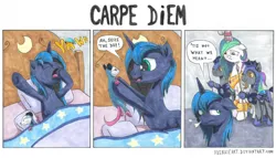 Size: 1750x1000 | Tagged: safe, artist:frenkieart, derpibooru import, princess celestia, princess luna, alicorn, bat pony, opossum, pony, :t, bed, bed mane, bound wings, comic, cuffs, dialogue, eyes closed, female, floppy ears, frown, guards, handcuffed, hoof shoes, horn sock, implied magic suppression, male, mare, night guard, nose wrinkle, open mouth, pet, rope, s1 luna, shackles, speech bubble, stallion, traditional art, wings