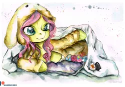 Size: 3437x2409 | Tagged: safe, artist:mashiromiku, derpibooru import, fluttershy, pegasus, pony, bunny ears, clothes, costume, cute, easter, easter egg, holiday, kigurumi, patreon, patreon logo, shyabetes, traditional art, watercolor painting