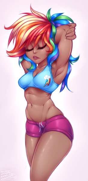 Size: 1227x2515 | Tagged: arm behind head, armpits, artist:drizziedoodles, clothes, cutie mark, cutie mark on clothes, dark skin, derpibooru import, human, humanized, rainbow dash, safe, shorts, solo, sports bra, stretching