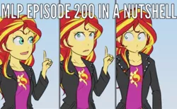 Size: 1340x828 | Tagged: safe, artist:kibate, derpibooru import, sunset shimmer, equestria girls, sparkle's seven, caption, comic, female, frown, image macro, open mouth, smiling, solo, text, thinking, wide eyes