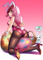 Size: 900x1264 | Tagged: suggestive, artist:tzc, derpibooru import, angel bunny, fluttershy, bat pony, human, rabbit, animal, anime, bare shoulders, basket, big breasts, blushing, breasts, bunny ears, bunny suit, bunnyshy, busty fluttershy, butt, clothes, crossed arms, cuffs (clothes), easter, easter basket, easter egg, female, fishnets, flutterbat, flutterbutt, high heels, holiday, humanized, image, kneeling, leotard, looking at you, looking back, looking back at you, male, playboy bunny fluttershy, png, race swap, shoes, sleeveless, solo focus, strapless, stupid sexy fluttershy