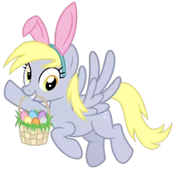 Size: 3000x3000 | Tagged: safe, artist:cheezedoodle96, derpibooru import, derpy hooves, pegasus, pony, .svg available, basket, bunny ears, cute, derpabetes, easter, easter basket, easter egg, female, flying, grass, holiday, looking at you, mare, mouth hold, simple background, solo, svg, transparent background, vector, waving