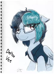 Size: 5000x6878 | Tagged: safe, artist:calveen, derpibooru import, oc, oc:delta vee, pegasus, pony, chest fluff, clothes, colored sketch, female, floppy ears, folded wings, glasses, looking at something, mare, mixed media, shirt, signature, simple background, sketch, sketchbook, traditional art, white background, wings