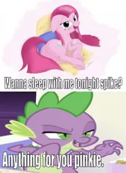 Size: 656x899 | Tagged: suggestive, artist:dashboom, derpibooru import, edit, edited screencap, editor:undeadponysoldier, screencap, pinkie pie, spike, dragon, earth pony, pony, balloonbutt, blushing, butt, caption, comic, female, horny, image macro, implied sex, implied sex in bed, lying down, male, meme, pinkamena diane pie, pinkamenaspike, pinkiespike, plot, shipping, straight, stupid sexy pinkie, text, tongue out