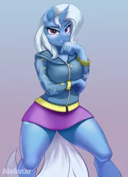 Size: 580x800 | Tagged: safe, artist:iloota, derpibooru import, trixie, anthro, unguligrade anthro, unicorn, equestria girls, breasts, clothes, cute, equestria girls outfit, female, gradient background, hoodie, looking at you, mare, miniskirt, skirt, solo, thighs