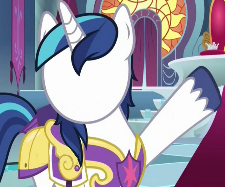 Size: 1067x889 | Tagged: safe, derpibooru import, edit, edited screencap, screencap, shining armor, pony, unicorn, sparkle's seven, 200th episode, crown, hard-won helm of the sibling supreme, jewelry, no face, regalia