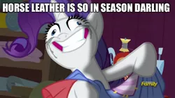 Size: 1600x900 | Tagged: semi-grimdark, derpibooru import, edit, edited screencap, screencap, rarity, pony, unicorn, fame and misfortune, darling, discovery family logo, exploitable meme, imminent murder, insanity, meme, rarisnap, solo, why i'm creating a gown darling