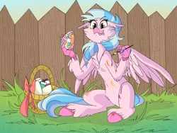 Size: 1280x960 | Tagged: safe, artist:agent-sketch-pad, derpibooru import, silverstream, hippogriff, basket, cheek fluff, cute, diastreamies, easter, easter egg, egg, female, fence, holiday, paint, paintbrush, painting, sitting, solo, tongue out