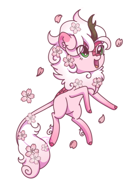 Size: 519x716 | Tagged: artist:musicfirewind, cute, derpibooru import, ear fluff, eye clipping through hair, female, kirin, kirin oc, leonine tail, oc, ocbetes, open mouth, safe, sakura petals, simple background, solo, transparent background, unofficial characters only