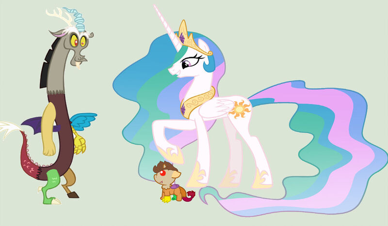 Size: 1280x747 | Tagged: safe, artist:princesslol90, derpibooru import, discord, princess celestia, oc, oc:discord jr., hybrid, baby draconequus, base used, dislestia, family, female, green background, interspecies offspring, male, offspring, parent:discord, parent:princess celestia, parents:dislestia, shipping, simple background, straight