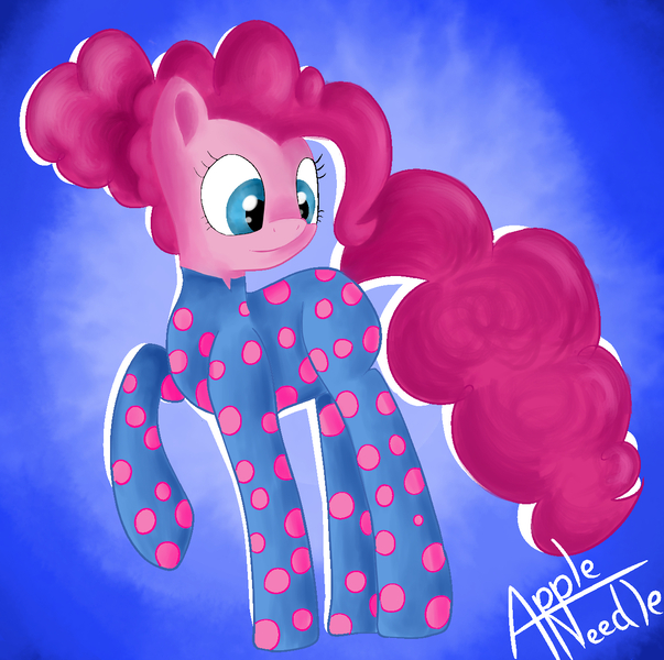 Size: 1230x1224 | Tagged: safe, artist:appleneedle, derpibooru import, pinkie pie, earth pony, pony, alternate hairstyle, clothes, cute, diapinkes, female, footed sleeper, mare, pajamas, polka dots, solo