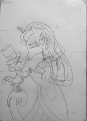 Size: 1024x1412 | Tagged: anthro, artist:supra80, clothes, derpibooru import, dress, ear piercing, earring, female, hat, imminent kissing, jewelry, kissing, lipstick, male, mane-iac, marriage, necklace, pencil drawing, piercing, ring, safe, shipping, spike, spike-iac, straight, tiara, top hat, traditional art, tuxedo, wedding, wedding dress, wedding ring, wedding veil