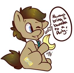 Size: 772x760 | Tagged: safe, artist:shushikitty, derpibooru import, doctor whooves, time turner, pony, banana, crossover, cute, doctor who, doctorbetes, food, hoof hold, one eye closed, open mouth, simple background, sitting, solo, speech bubble, transparent background, wink