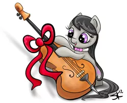 Size: 1662x1346 | Tagged: safe, artist:rawrcharlierawr, derpibooru import, octavia melody, pony, birthday present, bow, cello, cute, female, filly, filly octavia, musical instrument, open mouth, simple background, solo, tavibetes, white background, younger