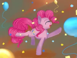 Size: 1024x768 | Tagged: safe, artist:chibimlp-lover, derpibooru import, pinkie pie, earth pony, pony, balloon, confetti, cute, diapinkes, female, mare, open mouth, profile, solo