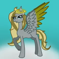 Size: 768x768 | Tagged: safe, artist:commandereclipse, derpibooru import, oc, oc:golden clouds, unofficial characters only, angel pony, original species, pegasus, pony, angel, cloud, female, halo, mare, raised hoof, sky, solo