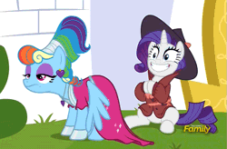 Size: 745x488 | Tagged: safe, derpibooru import, screencap, rainbow dash, rarity, pegasus, pony, unicorn, sparkle's seven, alternate costumes, alternate hairstyle, and then there's rarity, animated, clapping, discovery family logo, hat, lidded eyes, loop, megaradash, rainbow dash always dresses in style, rainbow dash is not amused, smiling, unamused