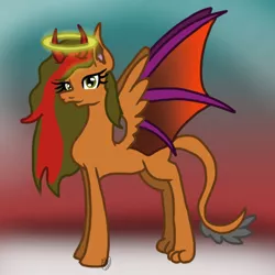 Size: 768x768 | Tagged: safe, artist:commandereclipse, derpibooru import, oc, oc:moral guide, unofficial characters only, angel pony, demon, demon pony, hybrid, original species, pony, abstract background, angel, devil horns, female, halo, horns, mare, paws, solo