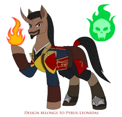 Size: 1588x1532 | Tagged: safe, artist:pyrus-leonidas, derpibooru import, ponified, pony, unicorn, series:mortal kombat:defenders of equestria, beard, boots, clothes, crossover, curved horn, facial hair, fire, goatee, horn, male, mortal kombat, pants, raised hoof, shang tsung, shoes, signature, simple background, skull, solo, stallion, tail wrap, transparent background