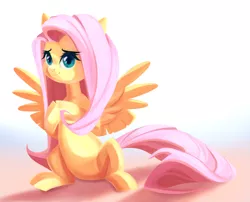 Size: 1280x1035 | Tagged: safe, artist:sevedie, derpibooru import, fluttershy, pegasus, pony, female, hooves together, looking at you, mare, sitting, smiling, solo, spread wings, three quarter view, wings