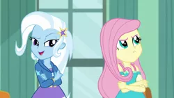 Size: 1280x720 | Tagged: safe, derpibooru import, screencap, fluttershy, trixie, a little birdie told me, equestria girls, equestria girls series, cute, fluttershy is not amused, unamused