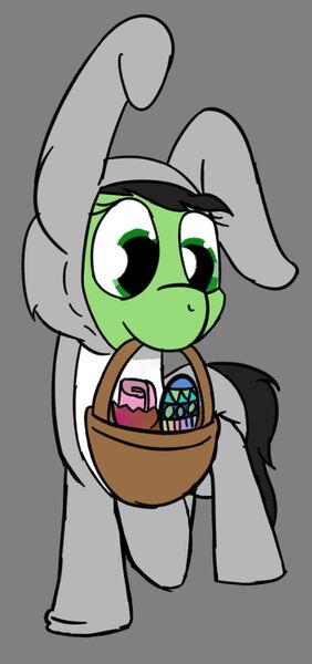 Size: 602x1280 | Tagged: safe, artist:prncsk, derpibooru import, oc, oc:anonfilly, pony, adoranon, adorkable, animal costume, basket, bunny costume, clothes, costume, cute, diaper, dork, easter, easter basket, easter bunny, easter egg, egg, female, filly, holiday, kigurumi, onesie, simple background, solo