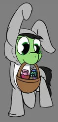 Size: 602x1280 | Tagged: safe, artist:prncsk, derpibooru import, oc, oc:anonfilly, pony, adoranon, adorkable, animal costume, basket, bunny costume, clothes, costume, cute, diaper, dork, easter, easter basket, easter bunny, easter egg, egg, female, filly, holiday, kigurumi, onesie, simple background, solo