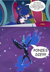 Size: 1280x1838 | Tagged: safe, derpibooru import, edit, edited screencap, editor:wild stallions, screencap, nightmare moon, princess luna, alicorn, bird, goose, pony, a royal problem, sparkle's seven, angry, animal, austin powers, dr. evil, ethereal mane, female, luna petting goose, mare, movie quote, mr. bigglesworth, speech bubble, starry mane, throne