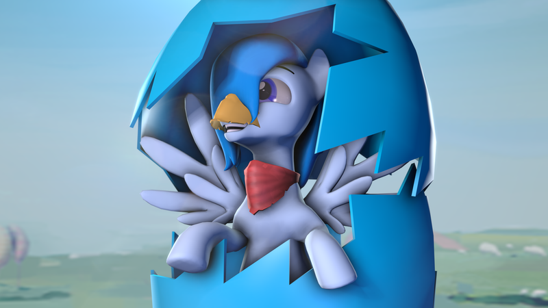 Size: 3840x2160 | Tagged: safe, artist:fiopon, derpibooru import, oc, oc:shiver soft, unofficial characters only, pegasus, pony, 3d, bandana, beak, easter, easter egg, hatching, holiday, solo, source filmmaker