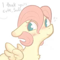 Size: 1280x1280 | Tagged: safe, artist:hippykat13, artist:tjpones, color edit, derpibooru import, edit, editor:hippykat13, fluttershy, pegasus, pony, adorascotch, blushing, bust, butterscotch, colored, cute, dialogue, floppy ears, male, modern art, offscreen character, optical illusion, portrait, rule 63, rule63betes, shyabetes, simple background, smiling, solo, white background, wings
