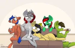 Size: 8000x5120 | Tagged: safe, artist:difis, derpibooru import, oc, oc:radiant light, unofficial characters only, bat pony, earth pony, pegasus, pony, absurd resolution, alcohol, bong, bottle, bow, chest fluff, couch, drugs, friends, hanging out, misleading thumbnail, mobile phone, phone, smartphone