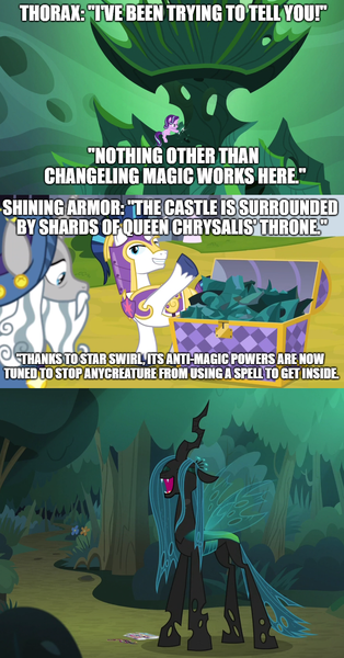 Size: 884x1688 | Tagged: safe, derpibooru import, edit, edited screencap, screencap, queen chrysalis, shining armor, star swirl the bearded, starlight glimmer, changeling, changeling queen, pony, unicorn, sparkle's seven, the mean 6, to where and back again, chest, chrysalis' throne, comic, female, hilarious in hindsight, oops, screencap comic, text edit, theory, you dun goofed