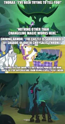 Size: 884x1688 | Tagged: safe, derpibooru import, edit, edited screencap, screencap, queen chrysalis, shining armor, star swirl the bearded, starlight glimmer, changeling, changeling queen, pony, unicorn, sparkle's seven, the mean 6, to where and back again, chest, chrysalis' throne, comic, female, hilarious in hindsight, oops, screencap comic, text edit, theory, you dun goofed