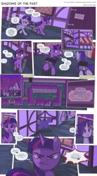 Size: 2250x4076 | Tagged: safe, artist:perfectblue97, derpibooru import, rarity, twilight sparkle, pony, unicorn, comic:shadows of the past, censored, cloak, clothes, comic, ponyville, unicorn twilight