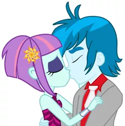 Size: 1168x1176 | Tagged: safe, artist:themexicanpunisher, derpibooru import, sunny flare, thunderbass, equestria girls, female, kissing, male, shipping, sleeveless, straight, thunderflare