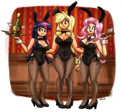 Size: 1600x1472 | Tagged: suggestive, artist:king-kakapo, derpibooru import, applejack, fluttershy, twilight sparkle, bat pony, human, big breasts, blue hair, bottle, breasts, bunny suit, busty applejack, busty fluttershy, busty twilight sparkle, champagne, cleavage, clothes, cocktail glass, cuffs (clothes), eyelashes, flutterbat, freckles, high heels, humanized, indoors, leotard, light skin, long hair, looking at you, multicolored hair, open mouth, pantyhose, pink hair, playboy, playboy bunny, purple hair, race swap, sexy, shoes, smiling, stupid sexy applejack, stupid sexy fluttershy, stupid sexy twilight, tray, waitress, wide hips, yellow hair