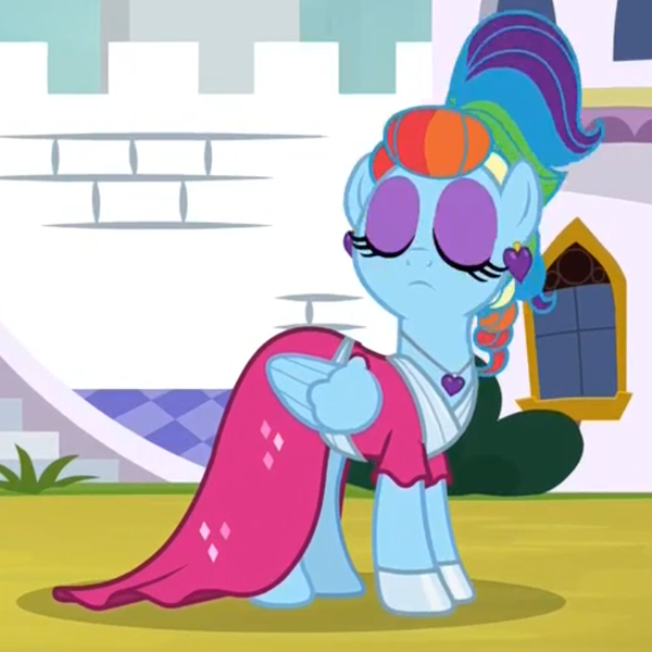 Size: 700x700 | Tagged: safe, derpibooru import, screencap, rainbow dash, pegasus, pony, sparkle's seven, alternate hairstyle, clothes, dress, ear piercing, earring, eyes closed, female, jewelry, mare, megaradash, piercing, pouting, rainbow dash always dresses in style, solo, updo