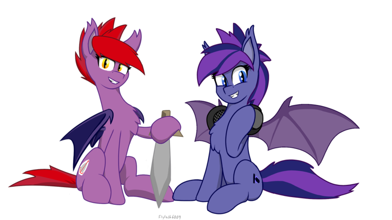 Size: 1024x576 | Tagged: safe, artist:flylash6009, derpibooru import, oc, oc:low pitch, oc:nightflower, bat pony, pony, bat pony oc, bat wings, duo, duo female, female, headphones, smiling, spread wings, sword, weapon, wings