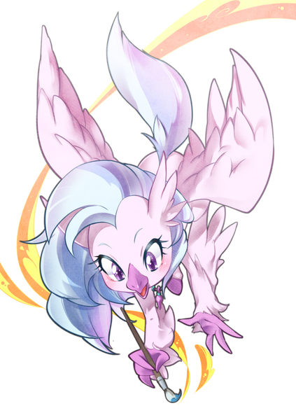 Size: 705x1000 | Tagged: artist:nabebuta, classical hippogriff, cute, derpibooru import, diastreamies, female, hippogriff, open mouth, paint, painting, quadrupedal, safe, silverstream, simple background, solo, uprooted, white background