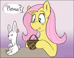 Size: 786x620 | Tagged: safe, artist:fuzzypones, derpibooru import, angel bunny, fluttershy, pony, rabbit, animal, basket, blushing, cross-popping veins, cute, dialogue, duo, easter, gradient background, holiday, one word, please, shyabetes, speech bubble