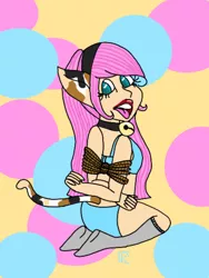 Size: 768x1024 | Tagged: suggestive, artist:mintymelody, derpibooru import, fluttershy, human, arm behind back, bell, bell collar, blue underwear, bondage, bra, breasts, cat bell, cat ears, cat tail, clothes, collar, fluttercat, flutterpet, humanized, kneeling, lipstick, looking at you, looking back, looking back at you, panties, pet play, pony coloring, solo, tongue out, underwear