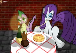 Size: 2150x1512 | Tagged: artist needed, safe, derpibooru import, rarity, spike, dragon, pony, unicorn, blue eyes, candle, disney, eating, fanart, female, food, green eyes, horn, imminent kissing, lady and the tramp, male, mare, pasta, shipping, spaghetti, spaghetti scene, sparity, straight