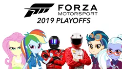 Size: 750x422 | Tagged: safe, derpibooru import, fluttershy, indigo zap, rainbow dash, sugarcoat, fanfic:equestria motorsports, fanfic:shadowbolts racing, equestria girls, clothes, driver, eqg promo pose set, forza motorsport, helmet, racing driver, racing suit, simple background, tanktop, white background, youtube link in the description, youtube thumbnail